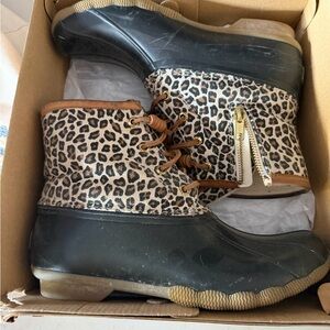 Sperry Leopard Print Duck Boots with Gold Zipper